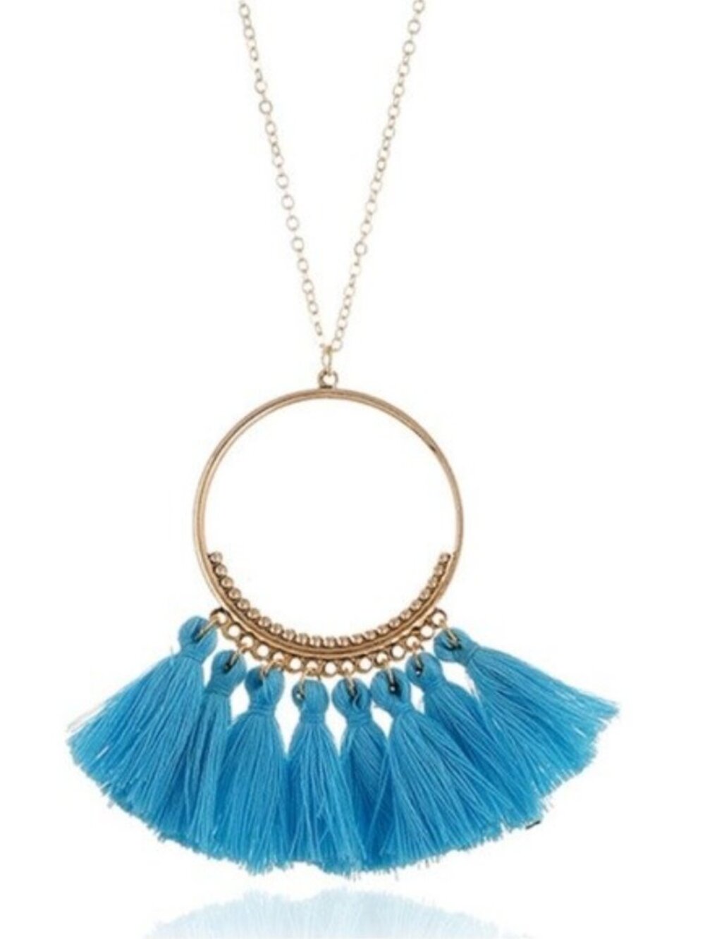 Blue Round Tassel Long Boho Chic Gypsy Beaded Gold Statement Necklace